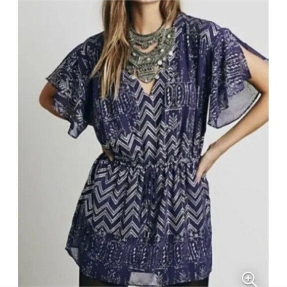 Free People Chevron V-Neck Blouson Mini Dress - Sz. Small - Picture 1 of 13